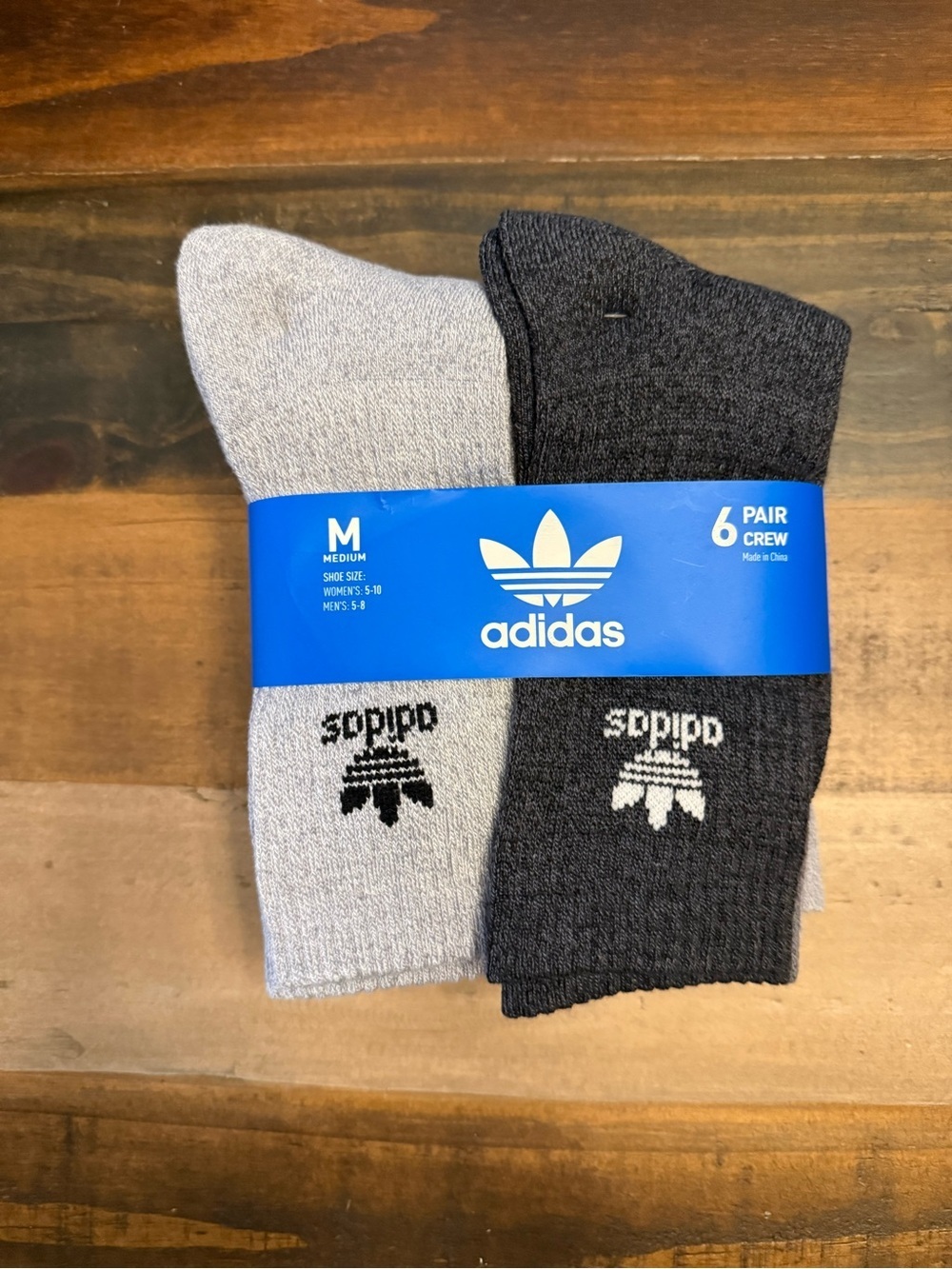 adidas 6 Pair M Gray Black Men's Crew Socks Trefoil Logo EV8011B, Size M